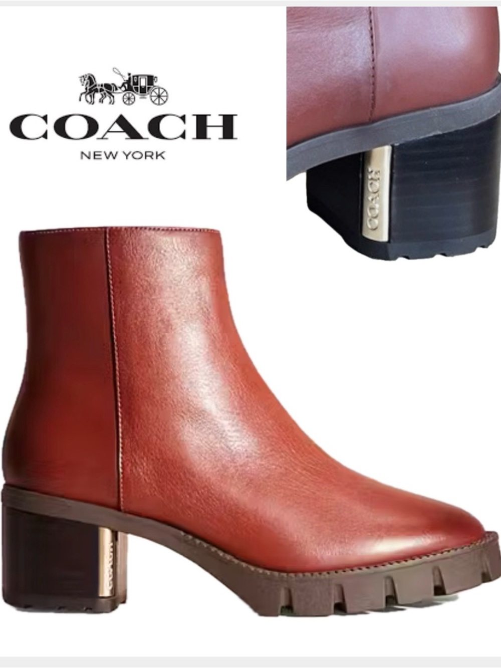 COACH Chrissy Tan Brown Leather Lug Sole Ankle Boot with Block Heel